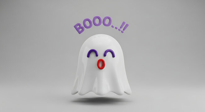 Cute halloween ghost saying booo with purple text and a surprised expression on a white background for spooky season themed designs and children's illustrations