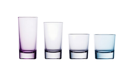 Four clear glass tumblers of varying heights isolated on transparent background