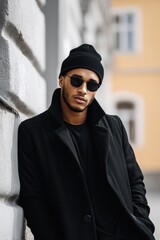 A stylish young man wearing a black coat, beanie mockup, and sunglasses, leaning against a wall in an urban setting