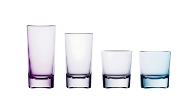 Four clear glass tumblers of varying heights isolated on transparent background