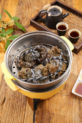 Steamed Yangcheng Lake Hairy Crabs with Tea Service - Traditional Chinese Seafood Cuisine Closeup