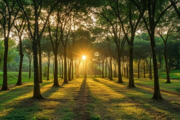 Fototapeta premium Sunrise over a tranquil rubber plantation su standard nature photography lush environment peaceful viewpoint scenic beauty