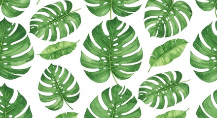 Watercolor Monstera Leaves Pattern on White Background.