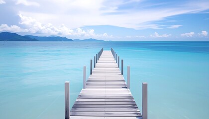 Obraz premium Tranquil wooden pier extending into a vibrant turquoise sea under a bright sky