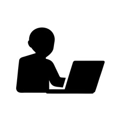 Black silhouette of a person using a laptop computer on a white background