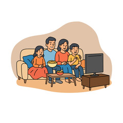 Family Watching Television Together on Sofa in Living Room.