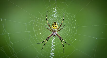 Closeup of a yellow garden spider sitting in its web with a green blurred background