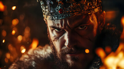 A fierce warrior king stares intensely, adorned with a regal crown and surrounded by flames, embodying strength and leadership.