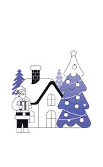 Cheerful Christmas celebration showing Santa with gifts, children’s snowy house, holiday tree glowing with ornaments, festive flowers, and a magical winter forest background