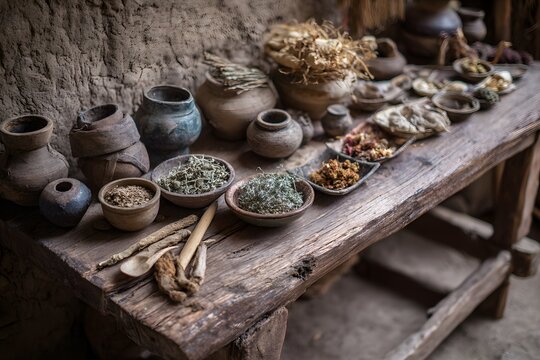 Herbal medicine display on rustic wooden furniture high resolution picture