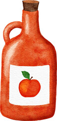 Hand drawn illustration of apple cider vigenar in red orange jug bottle. Fresh healthy beverage spice srink, natural juice ingredient, delicious table ripe nutrition vitamin, seasoning container.