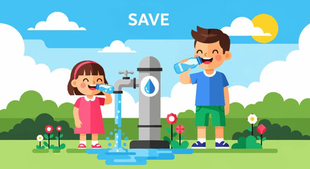 Kids Saving Water  A Fun Illustration Promoting Water Conservation