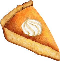 Watercolor hand drawn illustration of orange pumpkin squash pie with cream topping. Traditional dish dessert food for thanksgiving halloween christmas. Baking bakery recipe for dinner cafe party.