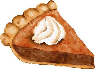 Watercolor hand drawn illustration of orange pumpkin squash pie with cream topping. Traditional dish dessert food for thanksgiving halloween christmas. Baking bakery recipe for dinner cafe party.
