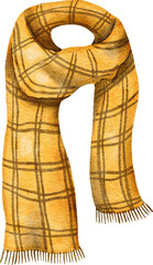 Hand drawn watercolor illustration of autumn fall scarf scarves. Yellow brown beige fashion item accessory, warm clothing design, fabric style wool outfit, casual clothes wear.