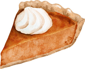 Watercolor hand drawn illustration of orange pumpkin squash pie with cream topping. Traditional dish dessert food for thanksgiving halloween christmas. Baking bakery recipe for dinner cafe party.