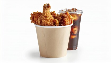 Delicious fried chicken in a bucket with a refreshing iced beverage on a white background