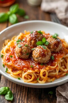 spaghetti with meatballs Spaghetti and Meatballs in Tomato Sauce &ndash; Classic Italian Pasta with Parmesan and Basil