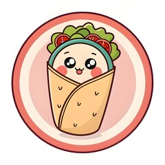 Cute Chibi Tortilla Wrap Cartoon With Blush Cheeks Smiling Sweetly, Adorable Kawaii Mexican Snack Character Illustration, Playful Savory Food Art For Fiesta, Caf&eacute;, And Party Design