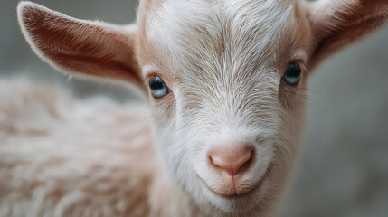 Fototapeta premium Close-up of a cute baby goat with expressive eyes, showcasing its soft fur and adorable features, perfect for animal lovers.