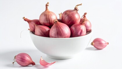 Bowl of Fresh Red Shallots on White Background