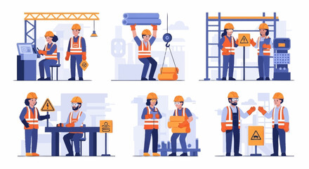 Workers in safety gear performing construction and industrial tasks, emphasizing occupational health and workplace safety measures through various activities