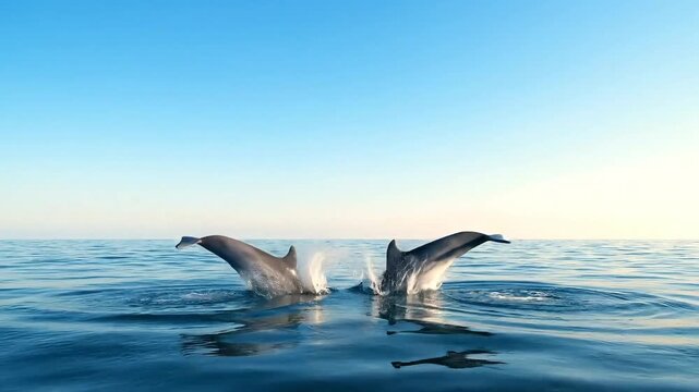 Two playful dolphins leap majestically from sparkling ocean waves under a clear blue sky.