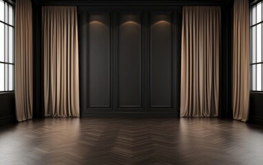 Elegant Dark Room with Large Windows and Soft Drapes in Minimalist Style