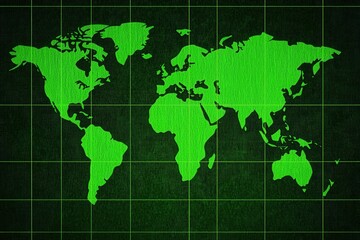Green Digital World Map on Grid Background Displaying Continents