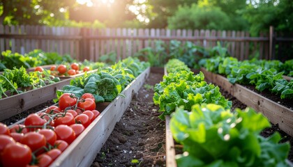 Vibrant home garden blooming with fresh, organic vegetables under the golden hour sun, promoting sustainable living and healthy eating habits with a beautiful array of produce