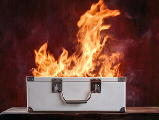 Obraz premium A vibrant image of a suitcase engulfed in flames, symbolizing adventure, passion, and the thrill of unexpected journeys.