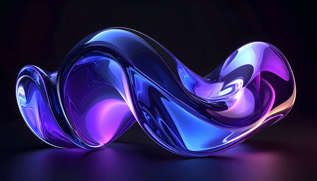 3D render of abstract curved glass shapes with a purple and blue gradient isolated on a black backgroun