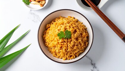 Aromatic Golden Fried Rice in a Bowl with Cilantro Garnish and Chopsticks