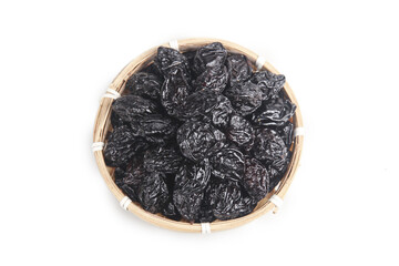 Xinjiang Dried Prunes in Bamboo Basket - Large Air-Dried Fruit Preserves on White Background