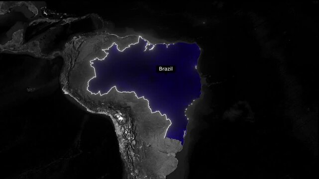 Aerial view of brazil highlighted in blue with glowing white outline on a dark background