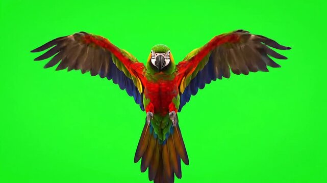 Vibrant macaw parrot with wings spread wide in dynamic flight against a green screen background