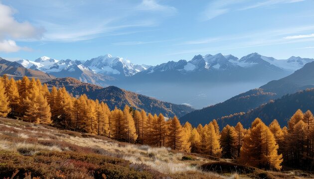 Autumnal Mountain Landscape Golden Trees and Serene Vistas in the Alps Under a Clear Sky