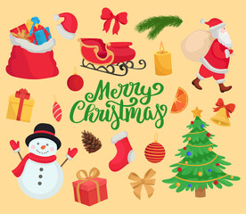 Merry Christmas elements Santa Claus Chrustmas tree snowman bell presents bow candle cone