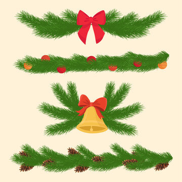 Christmas tinse fir tree branches decorated cones bell and tree red toys Happy Holidays