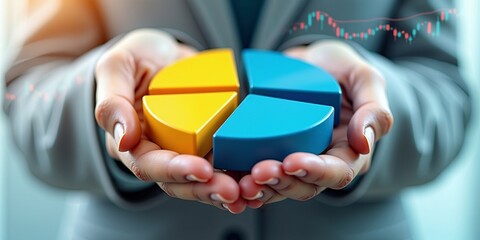 Businesswoman holding colorful pie chart segments representing financial growth and market analysis with data visualization