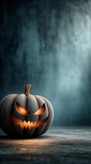 Scary jack o lantern glowing in dark spooky background