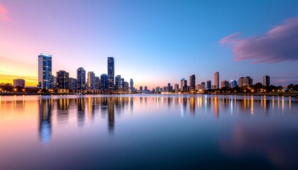 Fototapeta premium Vibrant Cityscape at Twilight with Reflections on Calm Water, Illuminated Skyscrapers Under a Colorful Sky