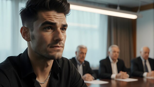 Anxious young professional during tough boardroom questioning - Powered by Adobe