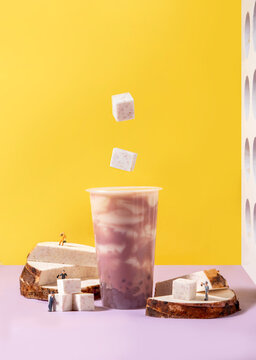 Taro pearl milk tea creative colorful background