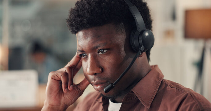 Businessman, thinking and night with stress or headset for pressure, deadline or mistake in office. Thoughtful, man or consultant agent working late with mic for online problem solving in call center - Powered by Adobe