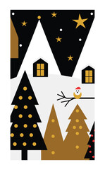 Cozy Christmas village illustration with decorated trees, joyful Santa, wrapped gifts, snowy rooftops, cheerful bird, and glowing stars filling the frosty evening sky