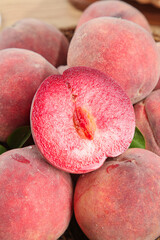 Fresh Red Flesh Peaches from Hubei Province China Cut Half Showing Juicy Interior Organic Fruit