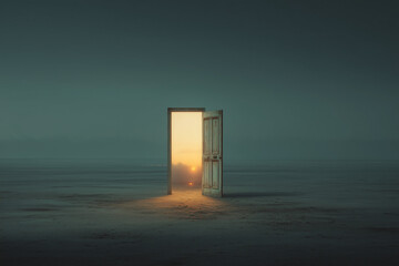 A mysterious open door stands alone in a surreal, misty landscape, with warm light from a new day suggesting hope, opportunity, and escape