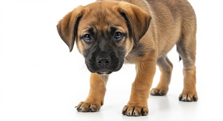 Obraz premium 子犬 白い背景 穏やか光 愛らしい瞳 優しく歩く. AI Generated