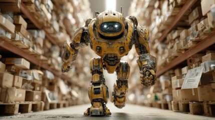 Yellow robot walks warehouse aisle